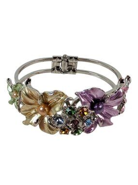 Statement Bracelet Enameled Flowers Multicolor Cabochon Rhinestones Silver Tone